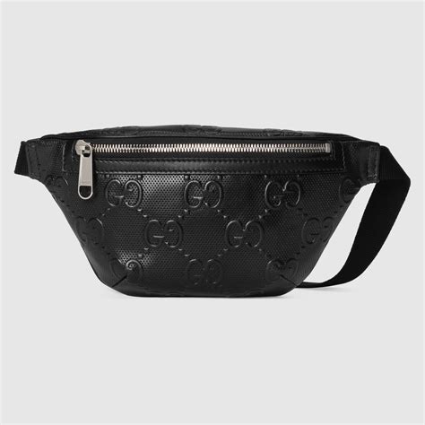 Authentic GUCCI GG Embossed Leather Small Waist Bag Black 